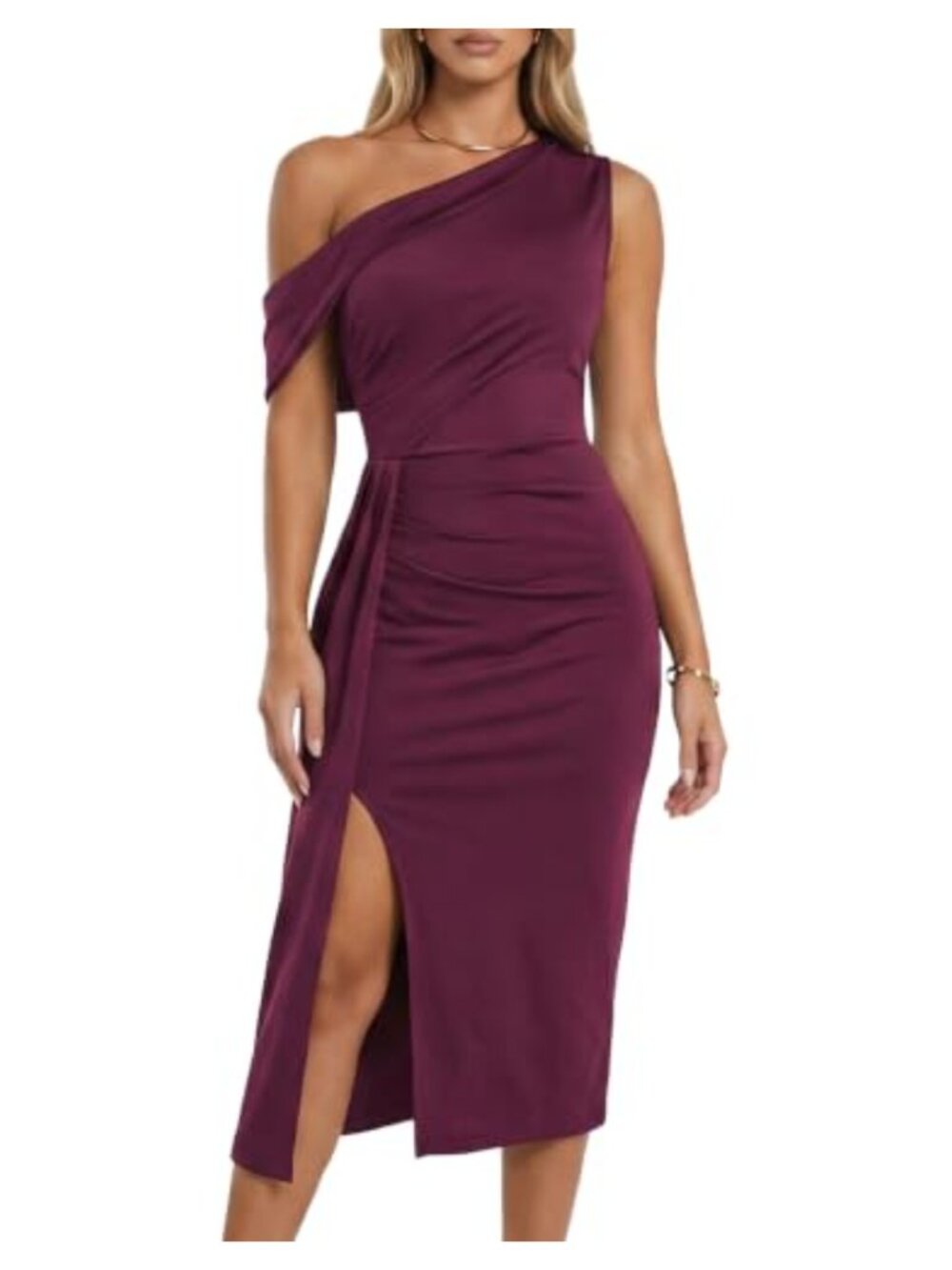 Women's One Shoulder Bodycon Midi Dress Ruffle Side Slit Cocktail Party